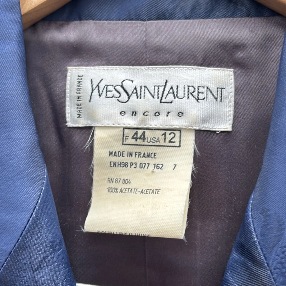 DESIGNER Vintage Yves Saint Laurent Suit Jacket Skirt Blue Brocade Women’s 12 - Picture 6 of 10